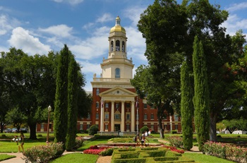 Baylor University gardens and a building on campus.